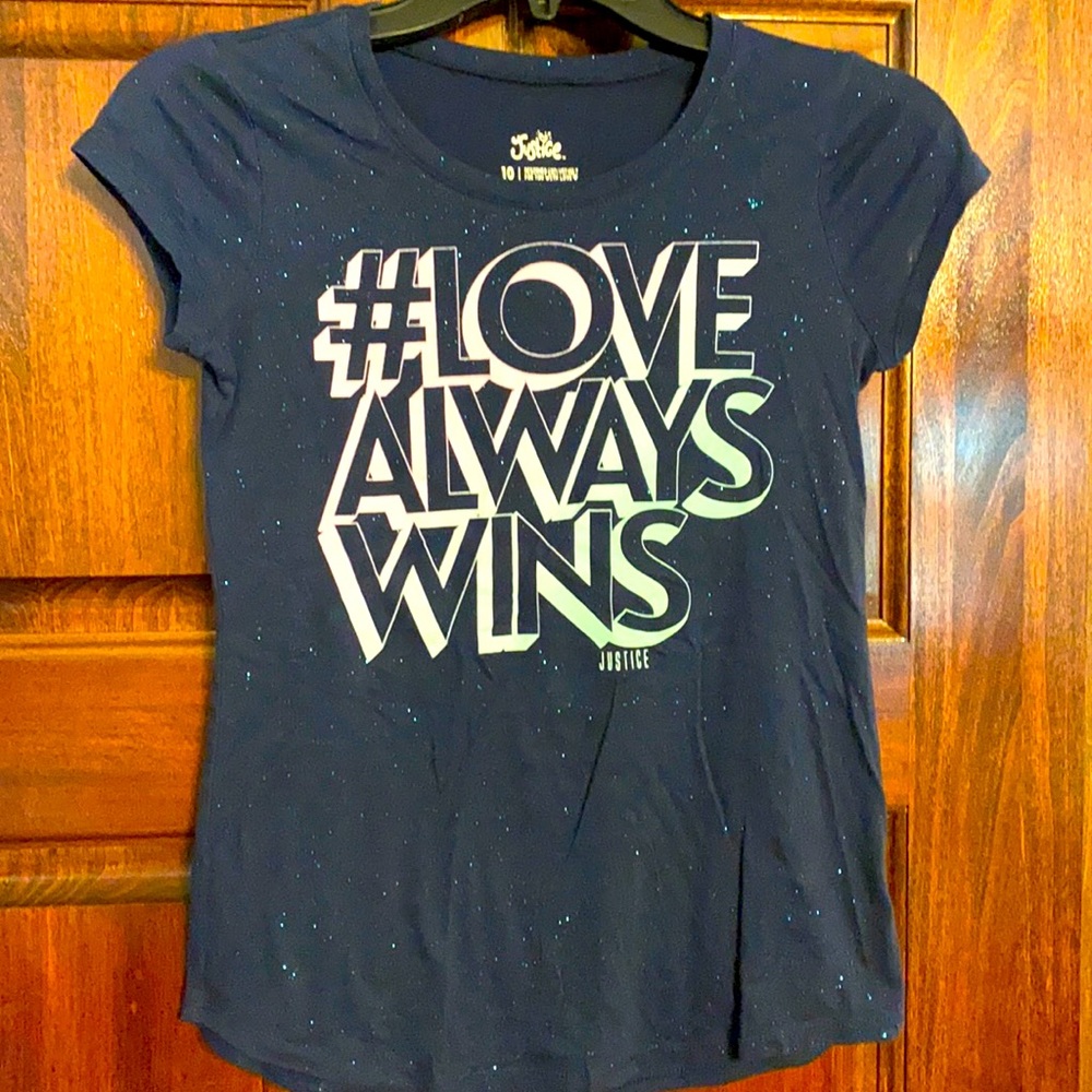Girls Justice navy sparkle #LoveAlwaysWins t-shirt